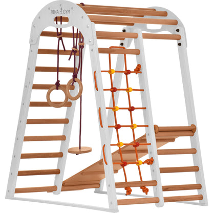 Kletterdreieck Indoor-Spielplatz aus Holz für Kinder - Kletternetz, schwedische Leiter, Ringe, Rutsche - Ideal für 1 bis 5 Jahre - Trägt (Weiß)