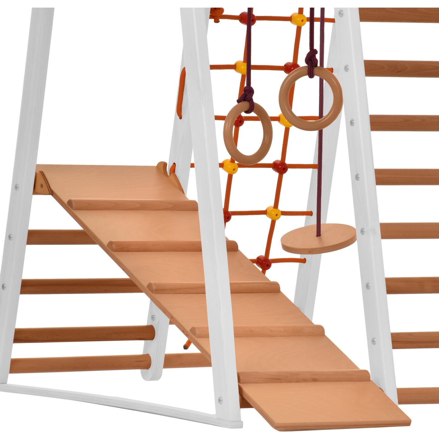 Kletterdreieck Indoor-Spielplatz aus Holz für Kinder - Kletternetz, schwedische Leiter, Ringe, Rutsche - Ideal für 1 bis 5 Jahre - Trägt (Weiß)