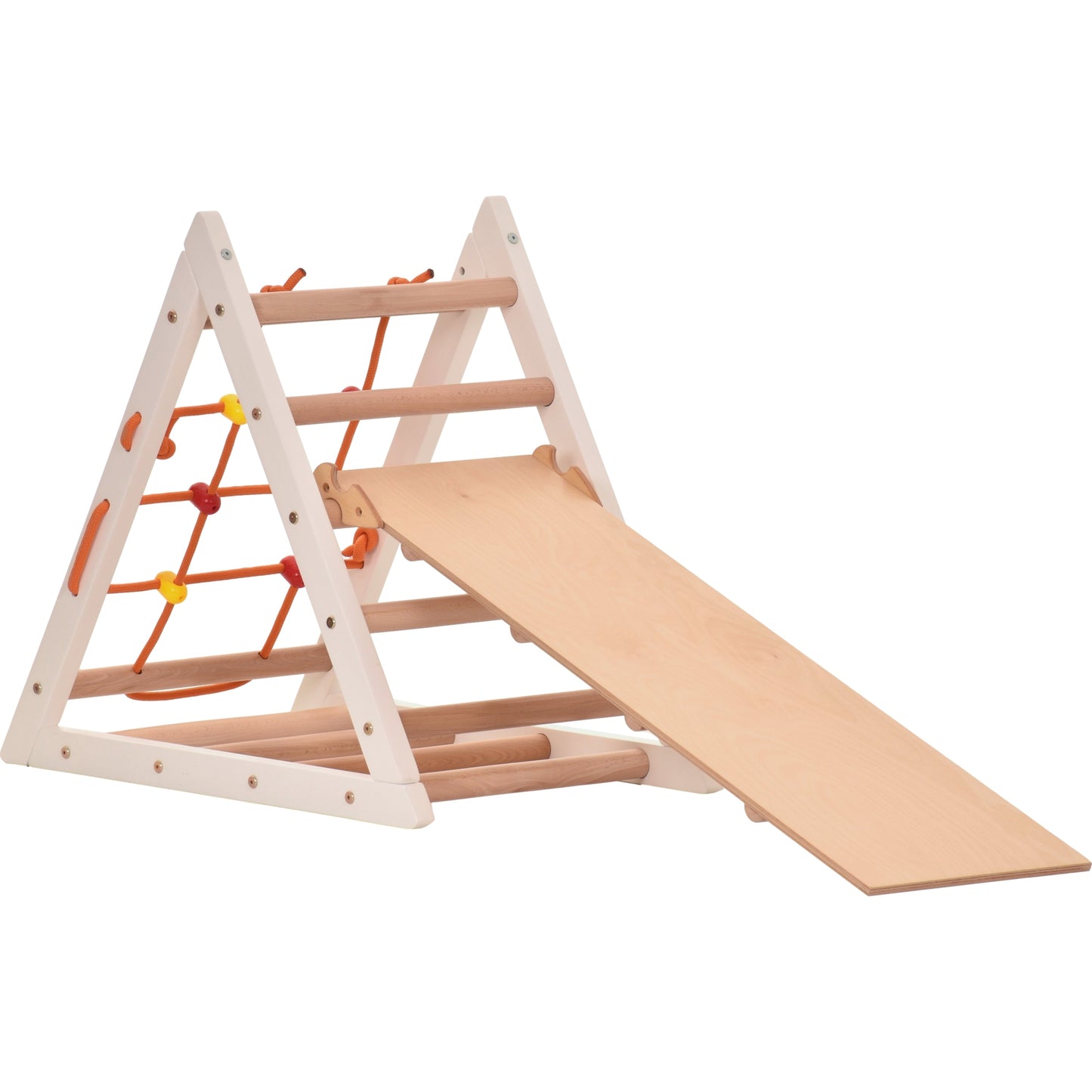 Kletterdreieck für Kinder - Klettergerüst aus Holz - Leiter, doppelseitige Rutsche, Spielnetz - Indoor-Spielplatz, Spielturm (weiß)